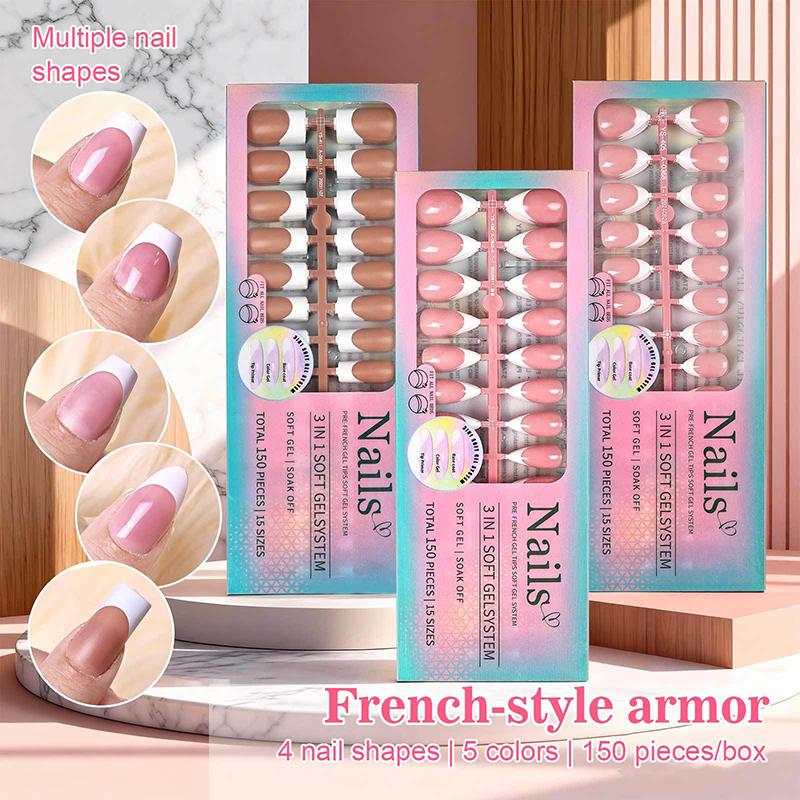 150Pcs/Boxed French Gel Tips Press On Nails Almond Nails 15 Sizes Pre-Applied Fake Nails For Manicure Extension