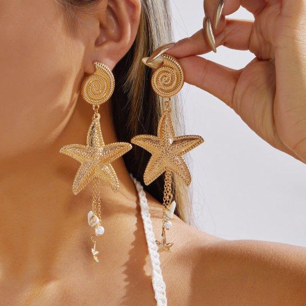 Bohemia Gold Color Starfish Hoop Earring for Women Vintage Exaggerate Metal Big Starfish Earring Beach Party Daily Wear Jewelry