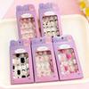 24Pcs/Box Cartoon Kids Press On Nails Black Flower French Tips False Nails Full Cover Fake Nails for Children Daily Holiday Wear