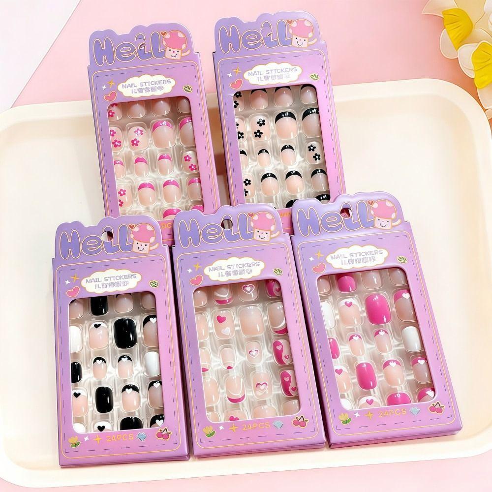 24Pcs/Box Cartoon Kids Press On Nails Black Flower French Tips False Nails Full Cover Fake Nails for Children Daily Holiday Wear