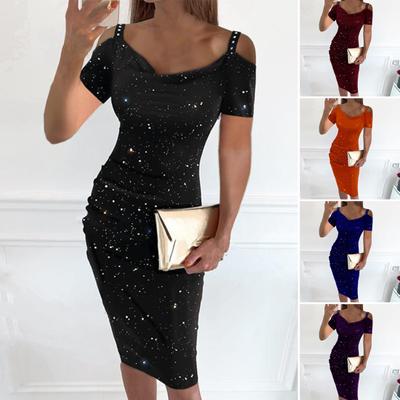 Rochie de petrecere pentru femei, strălucitoare, cu decolteu în V, off-shoulder, cu mâneci scurte, croială mulată, pentru îmbrăcat, lungime până la genunchi, moale, de primăvară, pentru bal, Îmbrăcăminte pentru femei