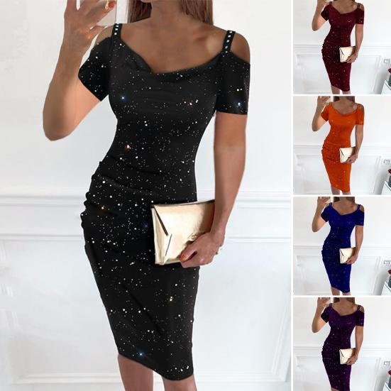 Women Party Dress Shiny V Neck Off Shoulder Short Sleeves Slim Fit Dress-up Knee Length Soft Spring Prom Dress Women Garment