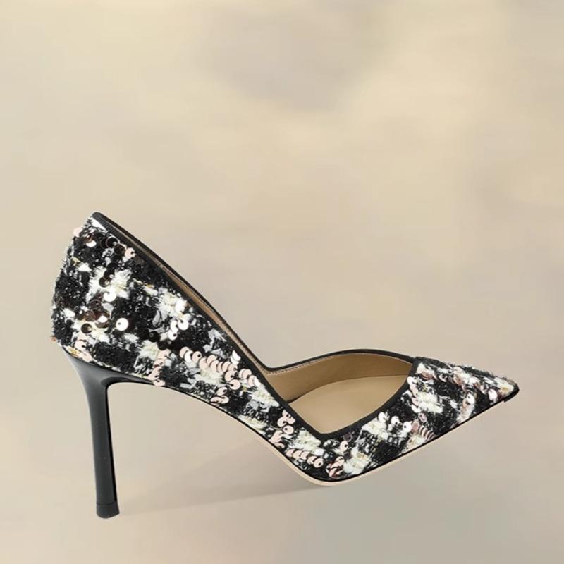Fashion Spring New High-heeled Women's Fashion Pointy Light Mouth Sequin Cloth Slip-on Slip-on Wear-resistant Fine Heel Shoes