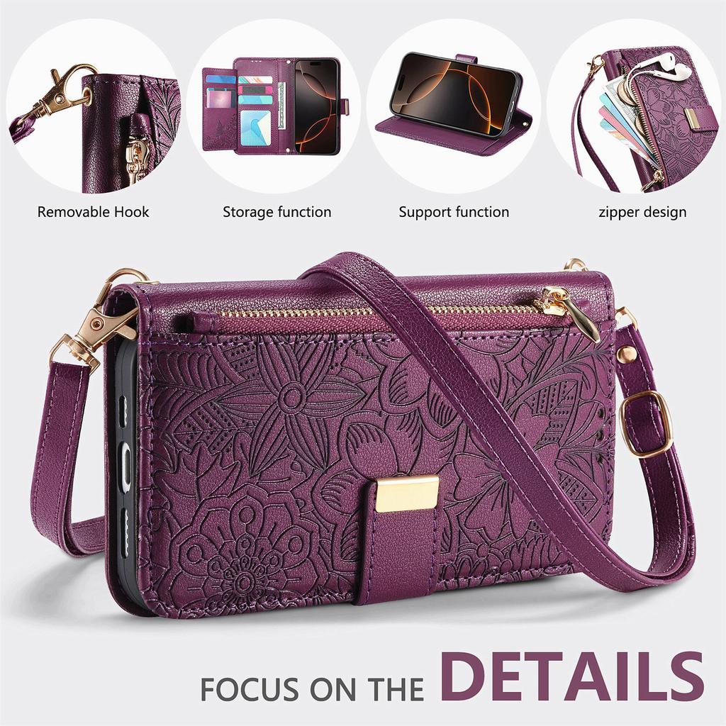 Floral Leather Wallet Case for Samsung Galaxy A05-A71 / S24-S25 series...with Detachable Shoulder Strap