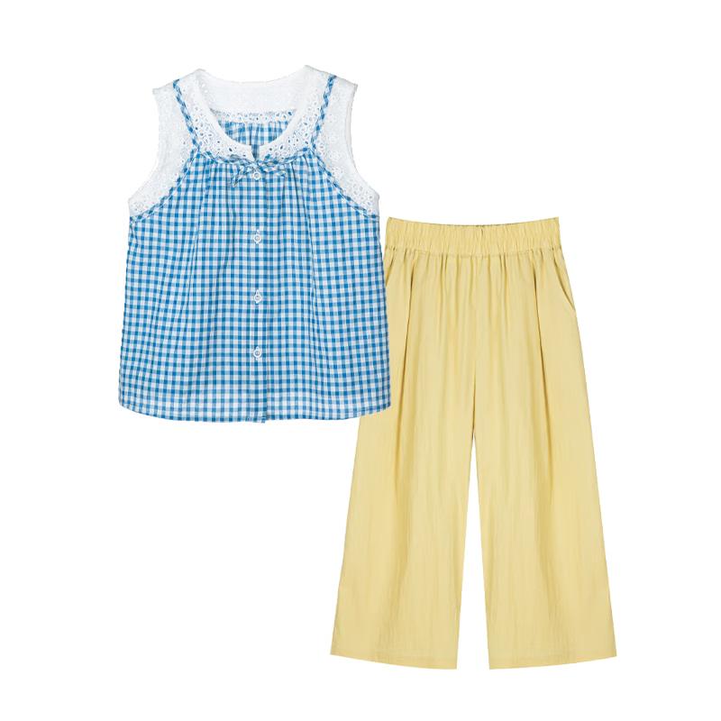 FLOOR KIDS Girls  Summer Faux Two-Piece Top & Wide-Leg Pants Set 140