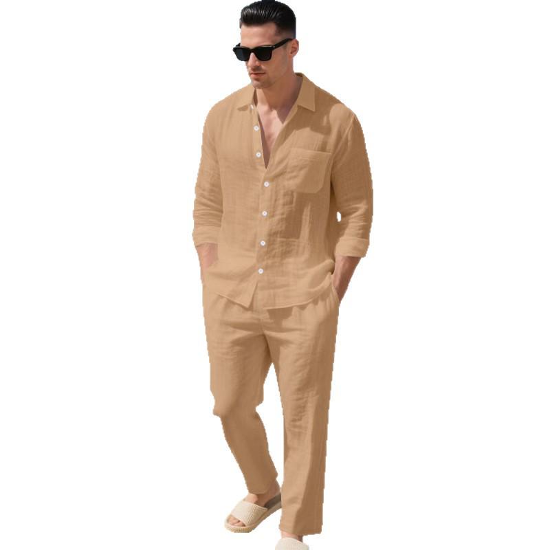 Men's Linen Casual Two-Piece Set: Classic Lapel Long Sleeve Shirt & Breathable Straight-Leg Pants