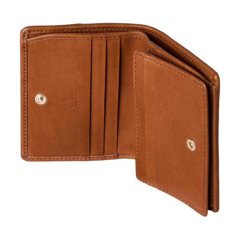 Gucci GG Emblem Series Snap Closure Coated Canvas Wallet Mini Unisex Couple Model Beige with Dark Brown