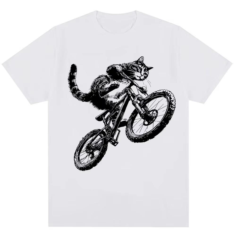 Funny Kitten Cat Riding Bicycle Meme Graphic T-shirts Men Women 90s Vintage T Shirt Oversized Cotton Tee Shirts
