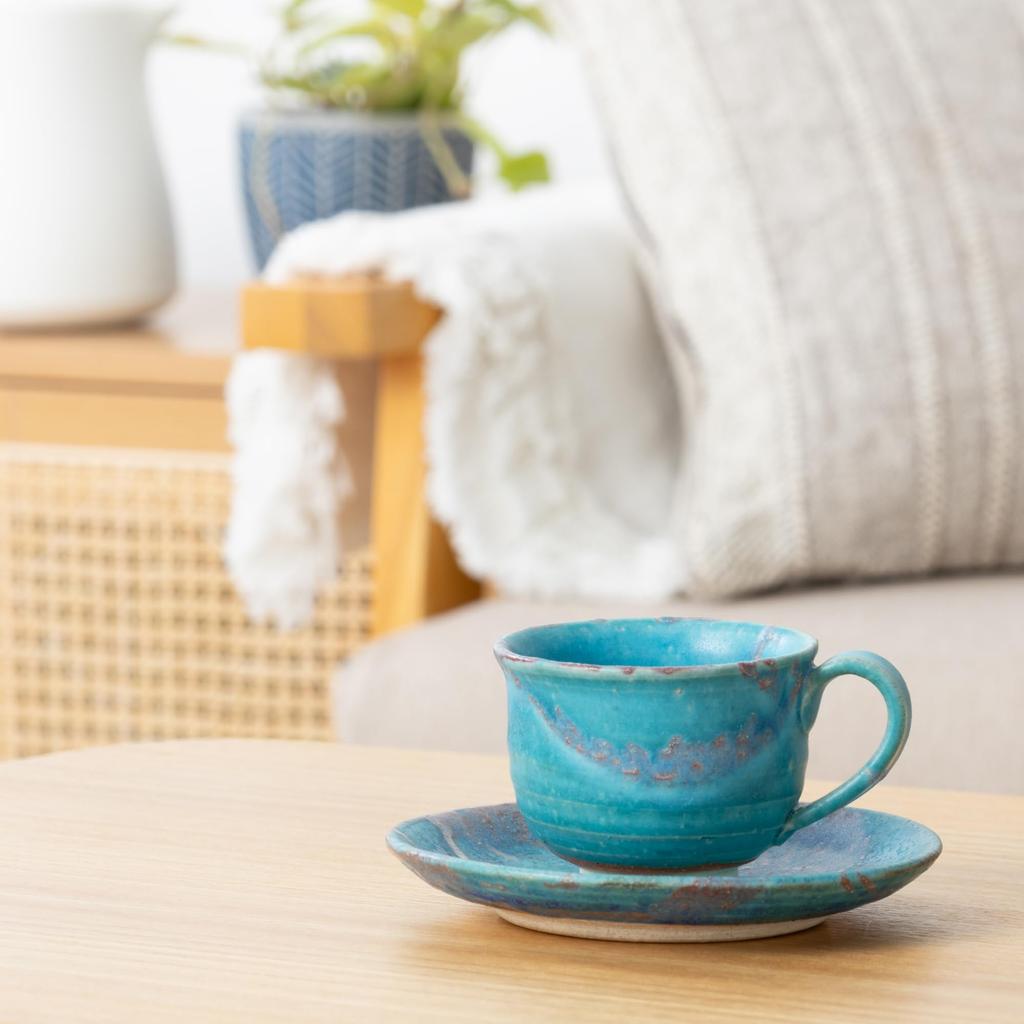 Marui Pottery Shigaraki Ware Hechimon Cup & Saucer, Approx. 210ml Capacity, Dewdrop Blue, MR-3-4397