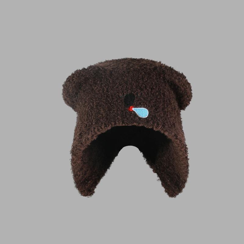 

Zhaoyi cute hat female autumn and winter warm versatile couple knitted wool hat ear hat big head circumference M（56-58cm） темно-коричневого кольору