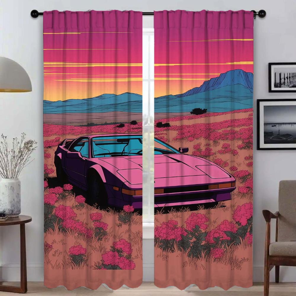 

Кухонные шторы для гостиной Автомобиль на солнце Домашний интерьер Шторы 2 шт Тюль для спальни Хэллоуин украшение Перегородка W50xH70cmx2pcs-CL