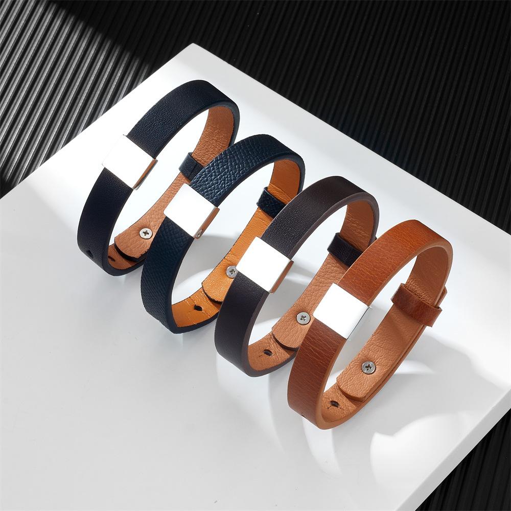 Men'S And Women'S Genuine Leather Bracelet, Simple Stainless Steel Smooth Surface Lettering Cowhide Bracelet Diy Leather Bracelet