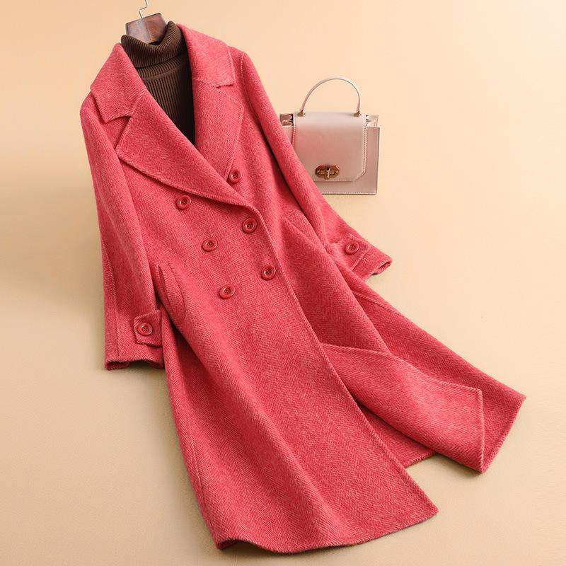 

Женское шерстяное двубортное пальто средней длины, осеннее новое популярное пальто с костюмным воротником, двухстороннее шерстяное пальто M (recommended 103-57.5kg)