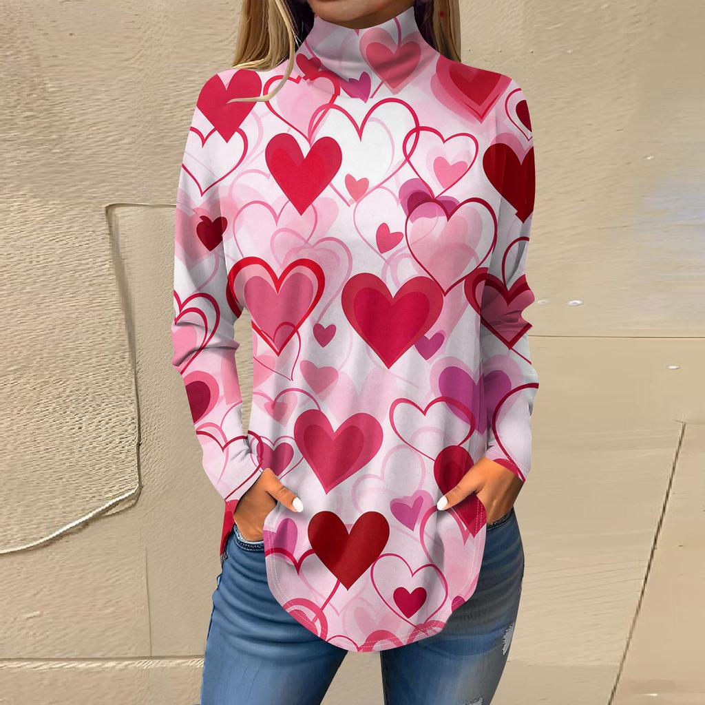 Women Fall Casual Long Sleeve Shirts Sweatshirt Printed High Neck Top Pullover