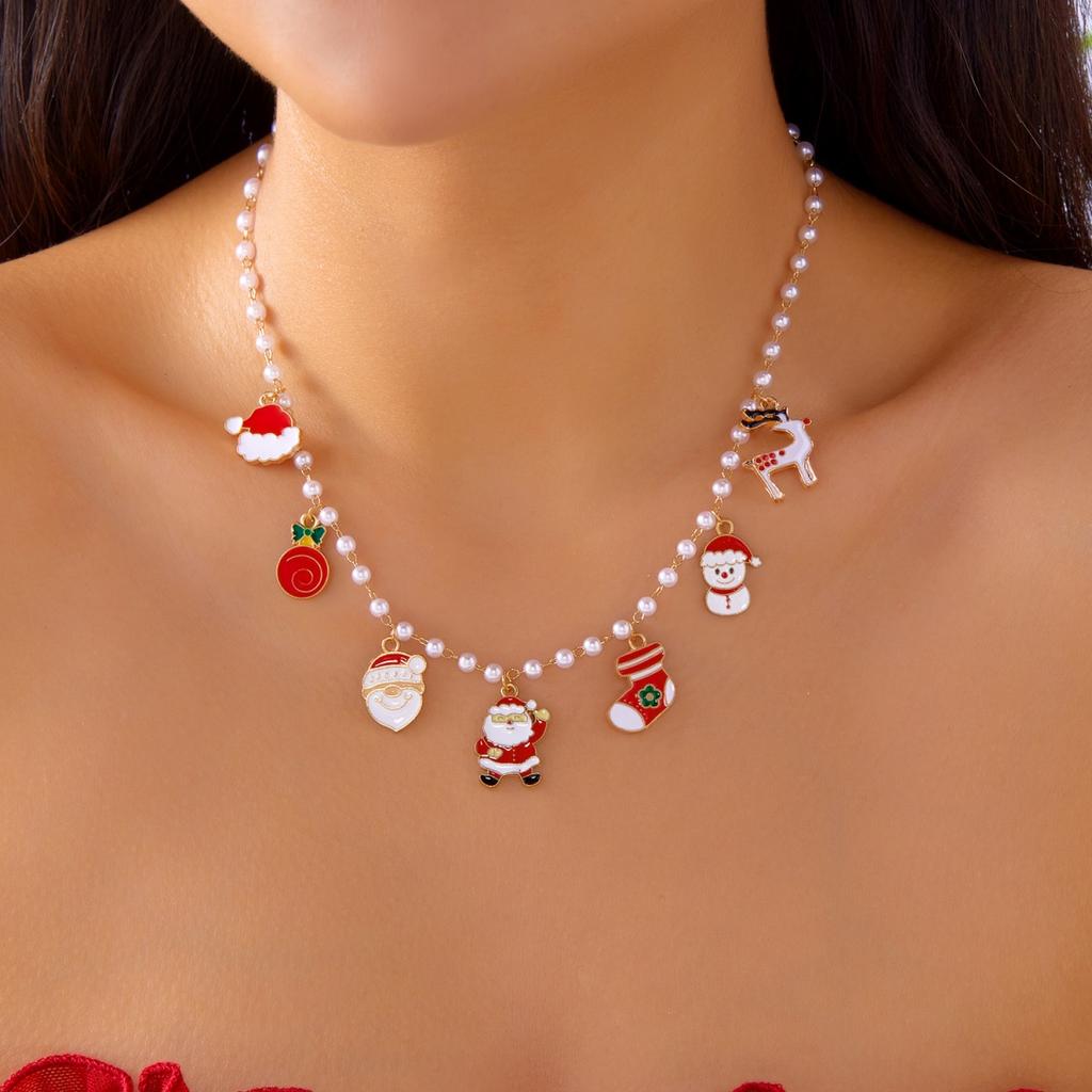 Christmas Snowflake Gingerbread Tree Pendant Necklace Snowman Reindeer Bell Soft Clay Crystal Beads Fringe Choker For Women Men
