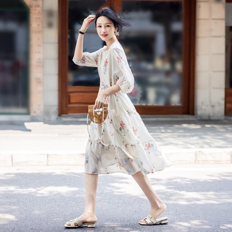 French Style Floral Lantern Sleeve Midi Dress 2XL