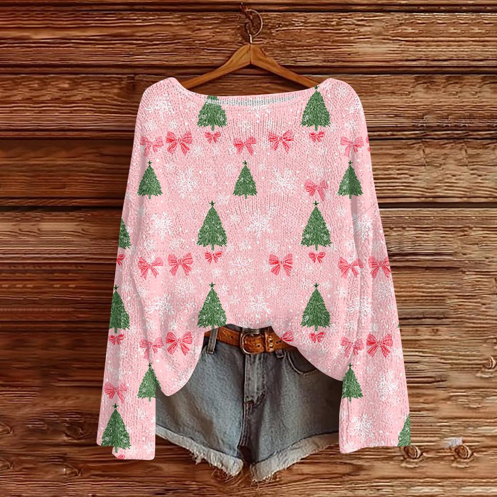 Women's Casual Fashion Round Neck Top Christmas Print Long Sleeve Knit Pullover