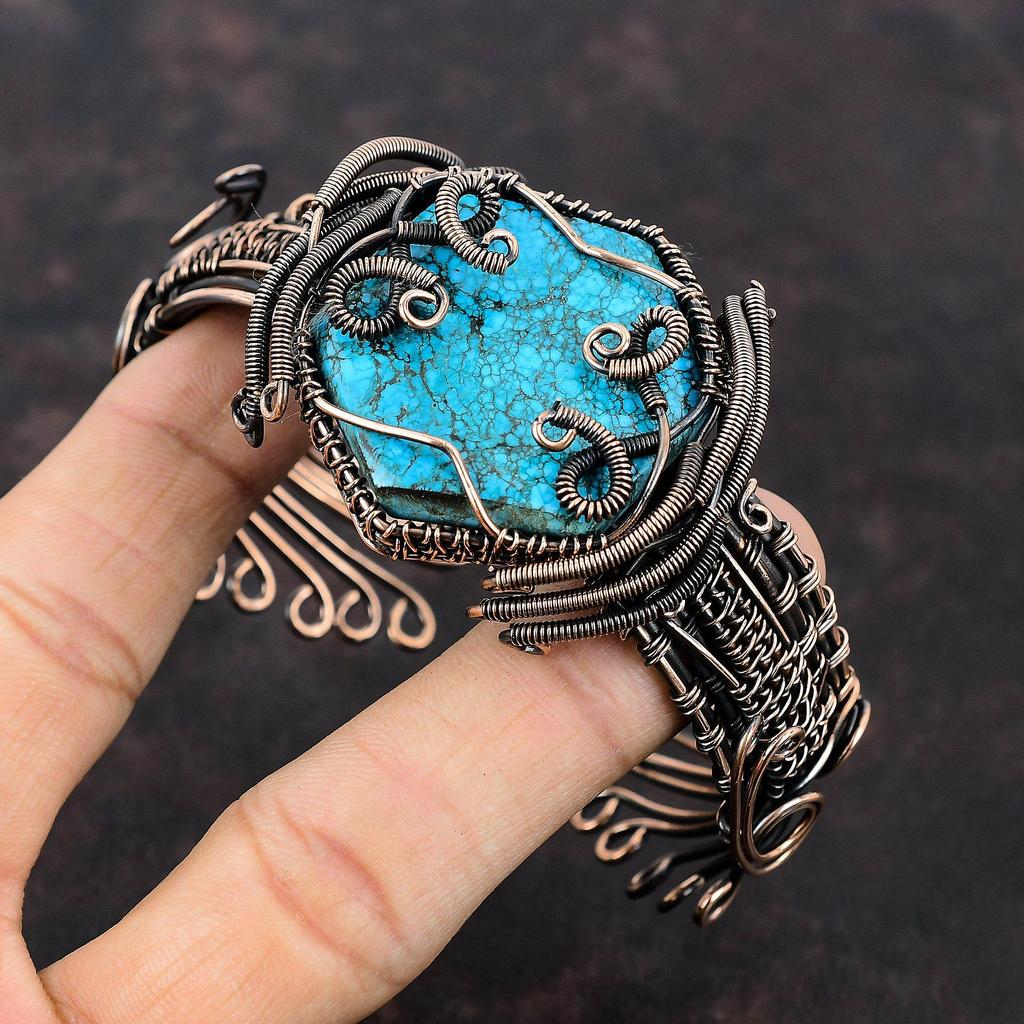 Tibetan Turquoise Copper Wire Wrapped Bangle Adjustable Cuff Bracelet High Quality Gemstone Bangle Handmade Copper Wire Jewelry Gift For Her