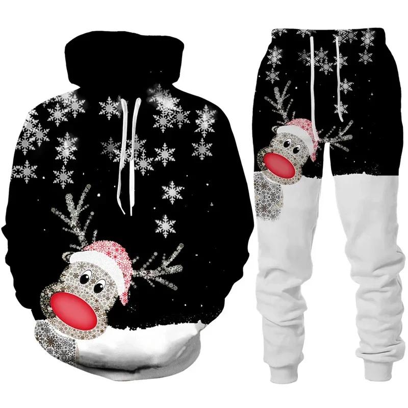 3D Print Hoodies Suit Christmas Santa Claus Man Woman Tracksuit Pants 2pcs Sets New Year Holiday Party Casual Pullover Oversized