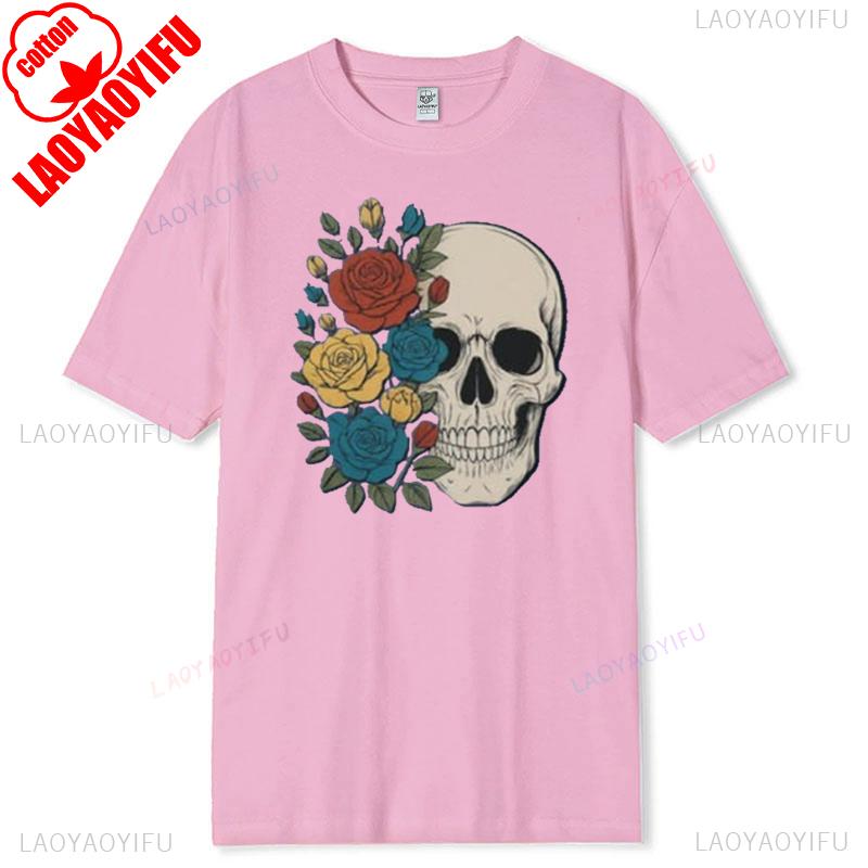 Skull Rose Vintage TShirt Floral Skeleton Cotton Short Sleeve Summer Casual Tee Gothic Boho Style Women Graphic Top Gift