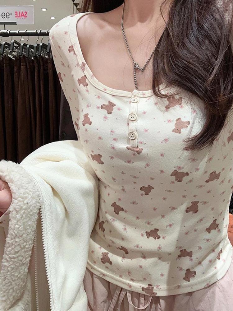 

Милый мультфильм 2024 Медвежий принт топы женские кавайные тонкие длинные рукава футболка новый осень зима отшлифованный бархатный пуловер повседневный XL коричневый