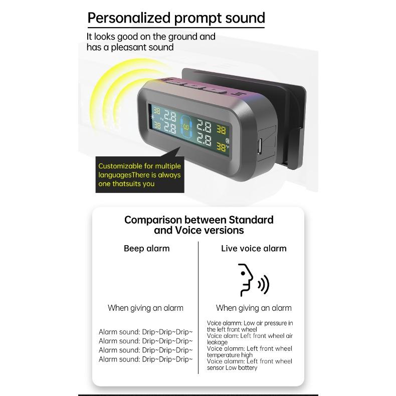 Universele TPMS op zonne-energie met IPX7 waterdichte externe sensoren - Dubbel USB/zonne-opladen met LCD-display