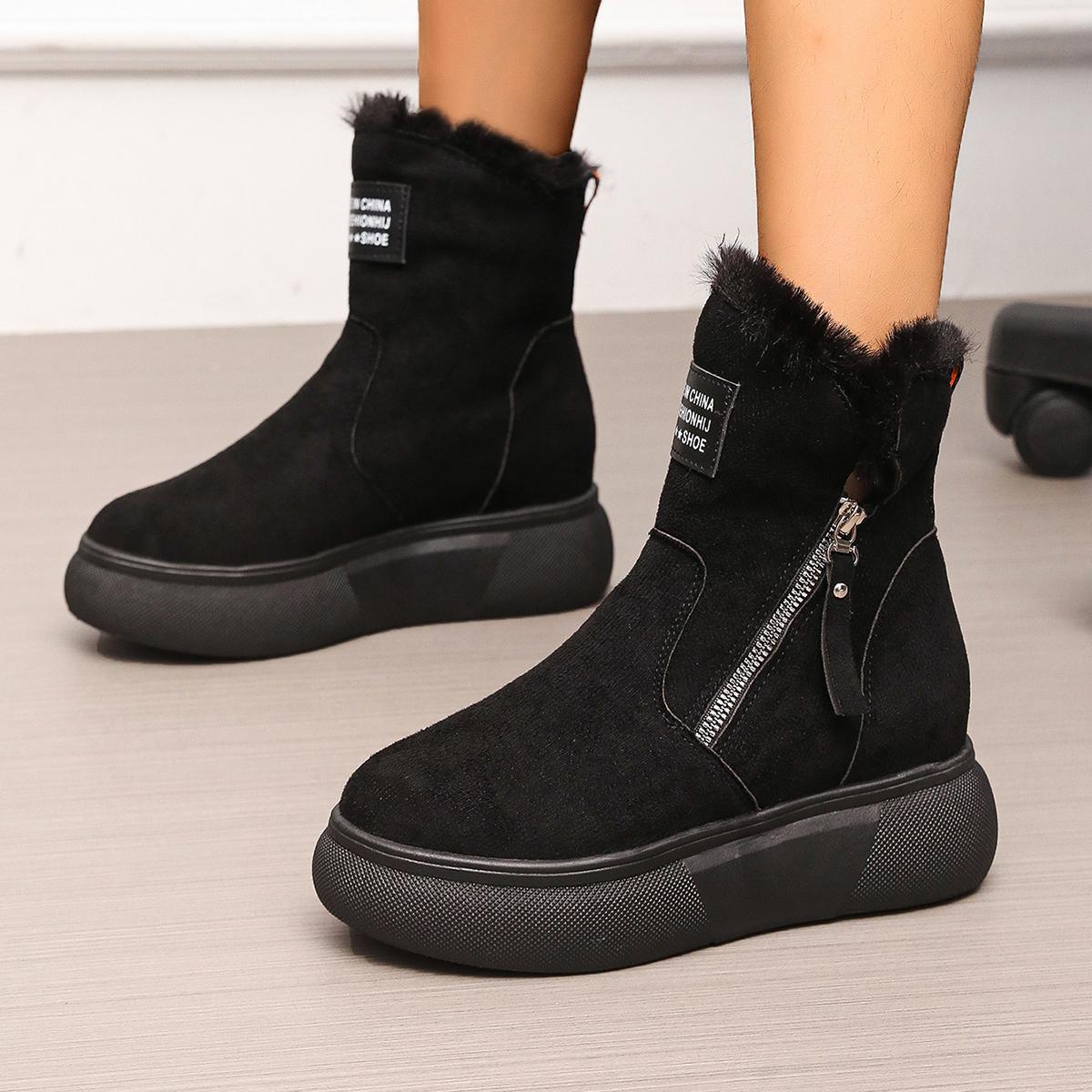 

Chunky Platform Wedge Heel Furry Ankle Boots Women 2025 Winter Side Zip Thick Bottom Fluffy Fur Snow Boots Warm Plush Suede Shoe 40 чёрный