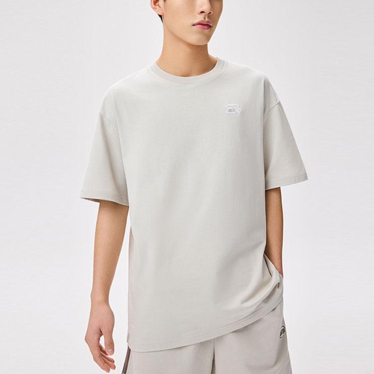 Anta Logo Pattern Round Neck Pullover Loose Short Sleeve T-Shirt Unisex Tops Beige 972328113-2