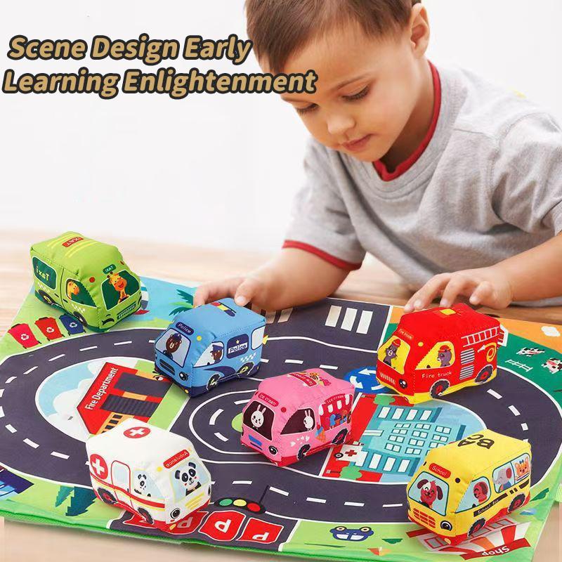 Soft Car Toy Set with Play Mat and 9 Vehicle for Toys Baby Early Education Toy Parent-child Interaction Sound Paper Rattle Toys
