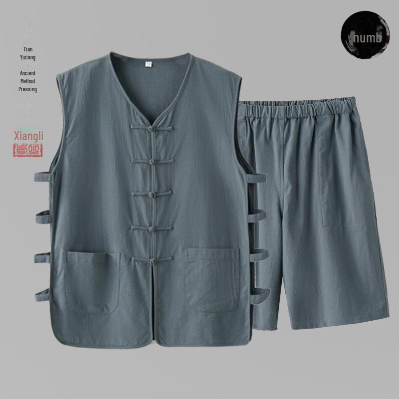 Tang-Anzug aus Baumwolle und Leinen für Herren: Weste & Shorts Set - Sommeroutfit im chinesischen Stil für Mittelalte & Ältere.