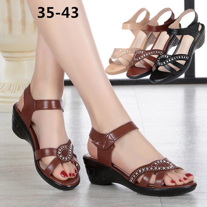 Fashion Genuine Leather Women's Sandals Big Size New Summer Wedges Women's Sandals Casual Mother Sandals Luxury Ladies Shoes