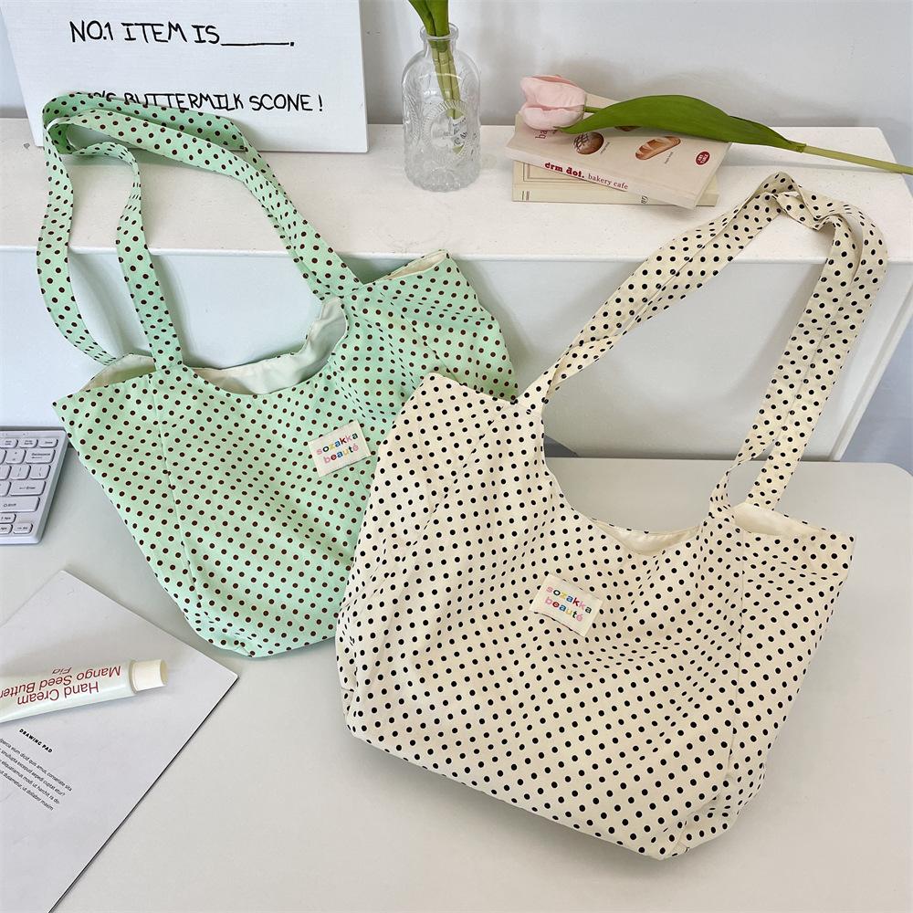 55 Printed polka dot shoulder canvas bag Large capacity tote bag Commuter finishing storage bag Women's shoulder schoolbag