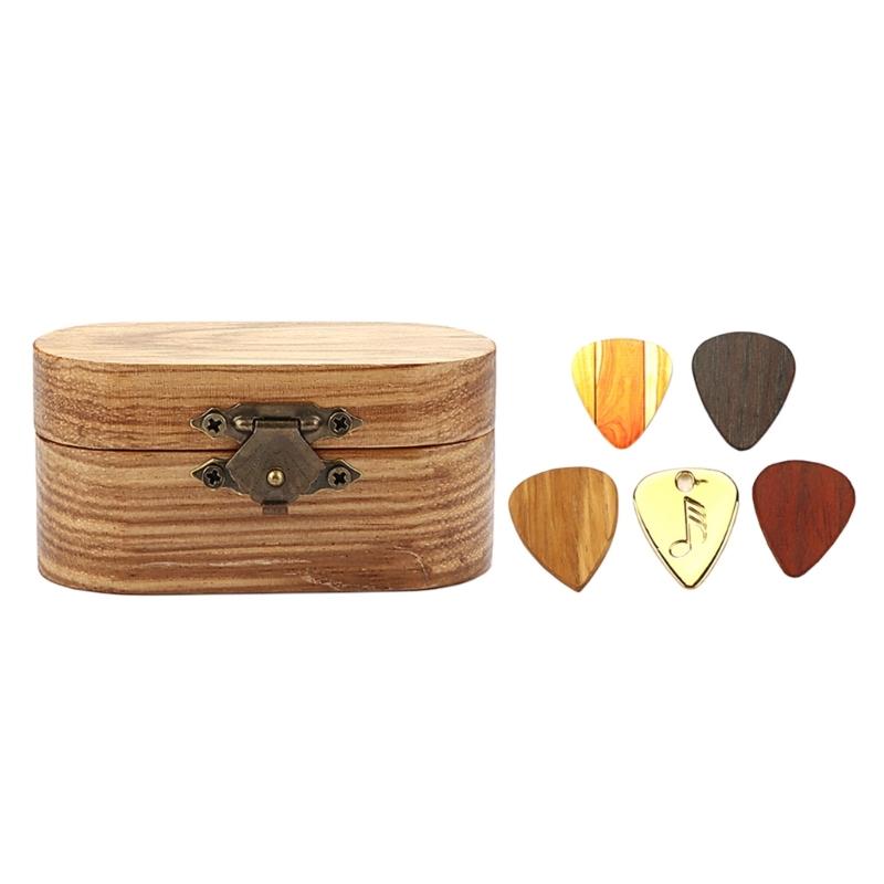 Wood Guitar Pick Storage Box Container Portable Guitar Pick Box Holder Collector with 5 Guitar Pick Gift for Guitarist