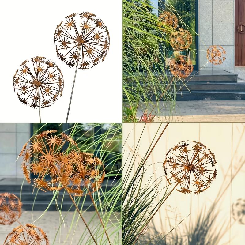 1 Set Vintage Löwenzahn Garten Skulpturen, 3D Kugel Blumenstäbe für die Gartengestaltung, Rustikale Metallpflanzenkunst mit manueller Blütenblattöffnung