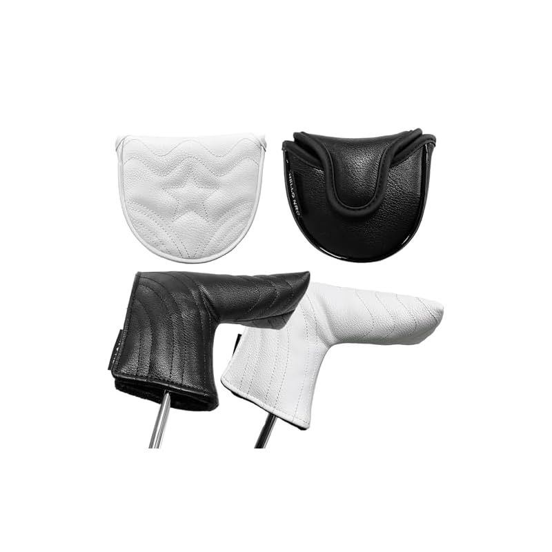 Golf Headcover, Pin Type, Putter/Mallet Cover, Single Headcover, Wave Pattern, Black/White, Waterproof, Premium PU Leather (Black, Semi-Circular)