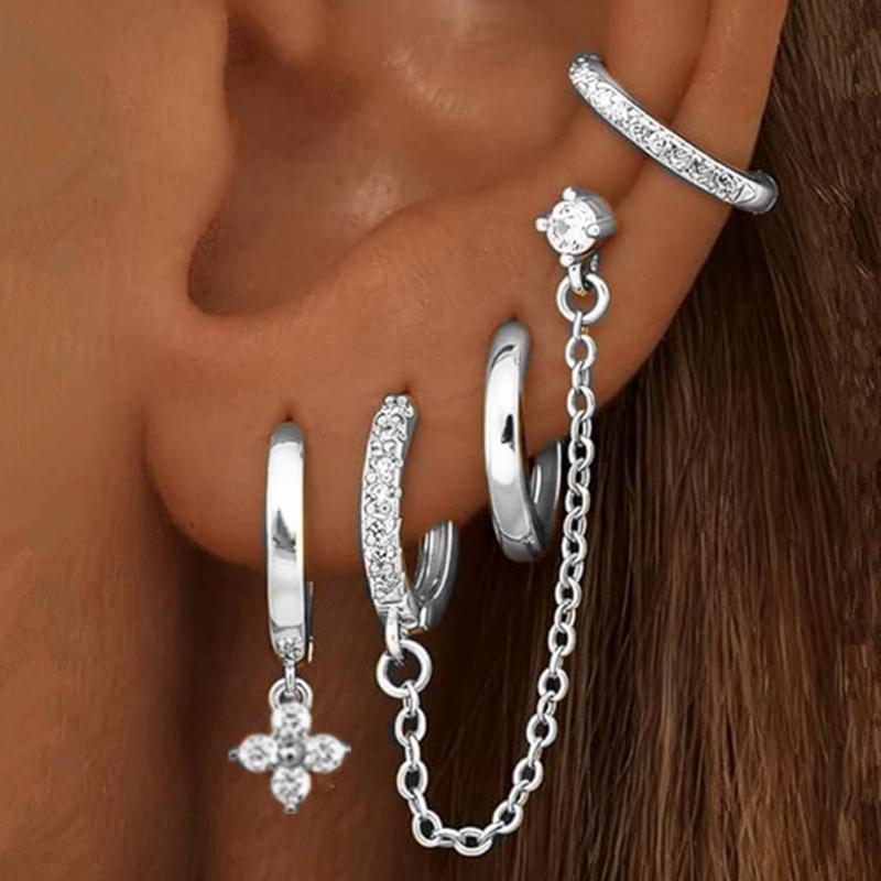 4PC Chain Huggie Earring Set For Women Fashion Flower Tragus Hoop Earrings Bulk Cartilage Piercing Helix Jewelry Lobe Earing Lot