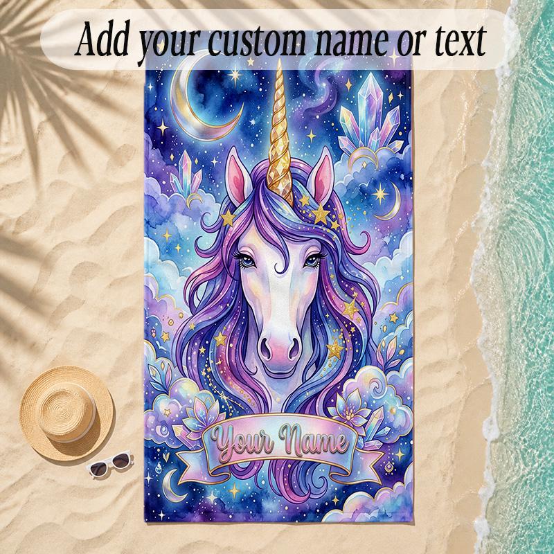 Unicorn Theme Soft Beach Towel Personalized Custom Name Text Towel Portable for Beach Pool Travel