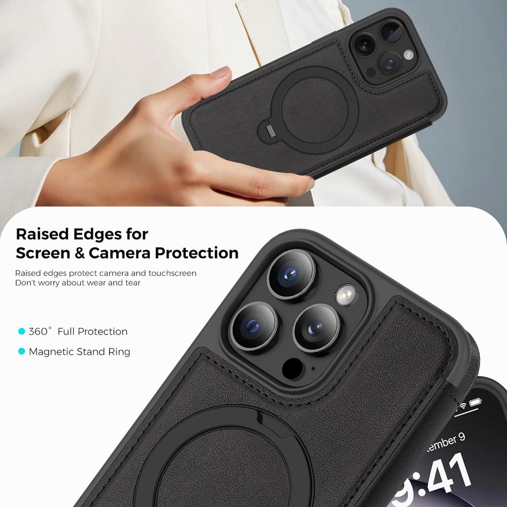 KEYSION PU Leather Flip Wallet Case for iPhone 11 12 13 14 Pro Max 14 Plus Cards Slots Magnetic 360 Ring Stand Phone Back Cover