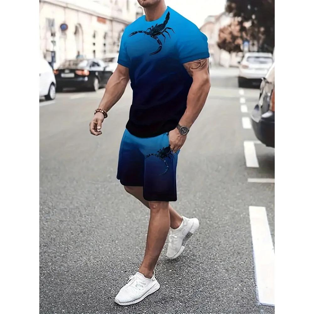 New Gradient Texture T-Shirt Men's Two-Piece Summer New Shorts Suit Fashion 3D Printing Street Casual Sportswear Men's Models
