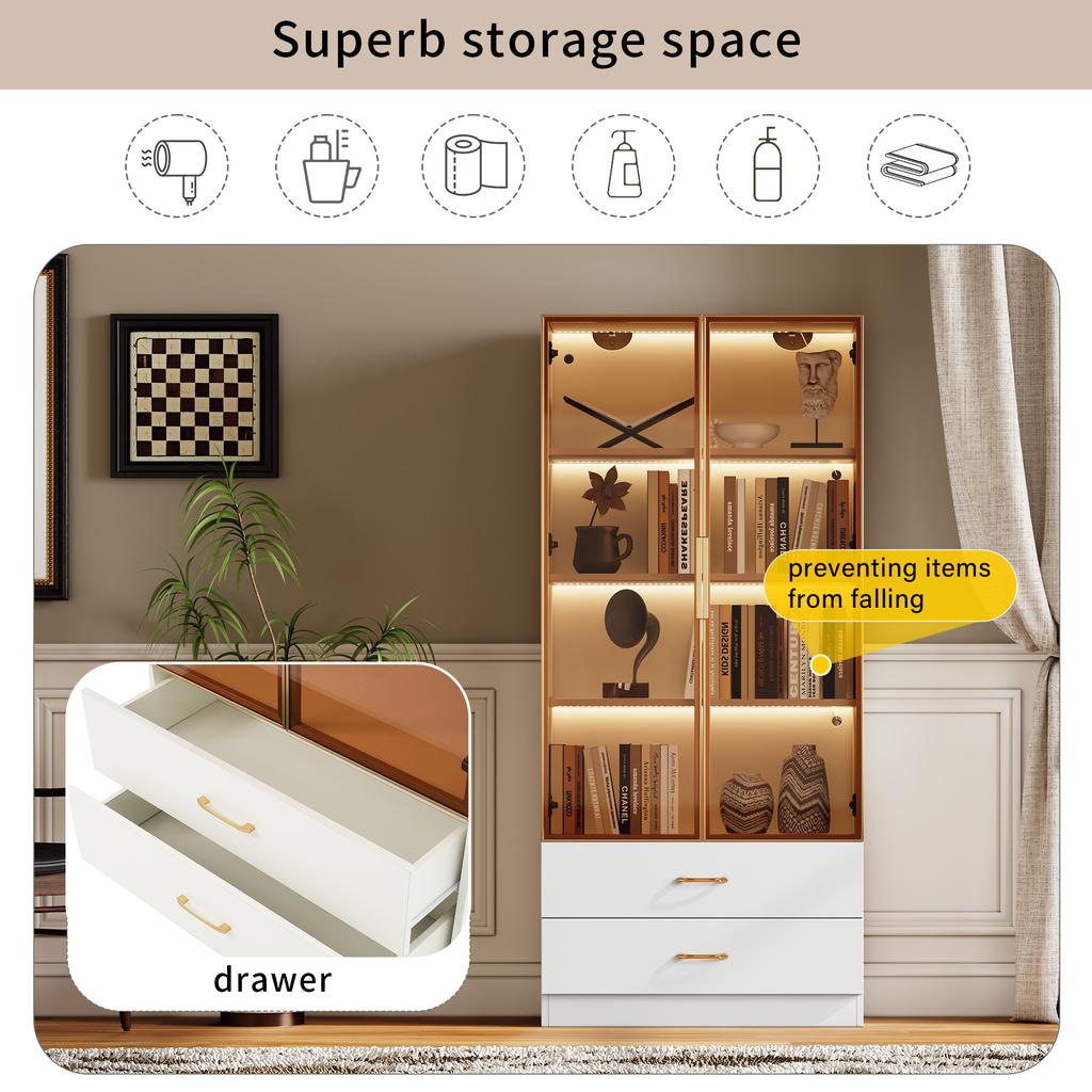 Mobile da Bagno, Medio, con Striscia Luminosa, 75 cm di Larghezza, con 2 Cassetti Grandi e 2 Ante, Porta in Vetro