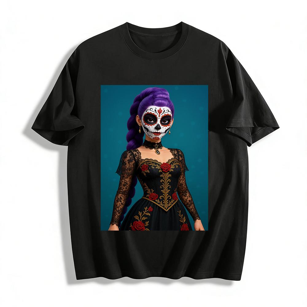 

Day of the Dead Sugar Skull Print Top Dark Lace Patchwork Rose Decor Slim Fit Women s Blouse Pure cotton T-shirt XXS