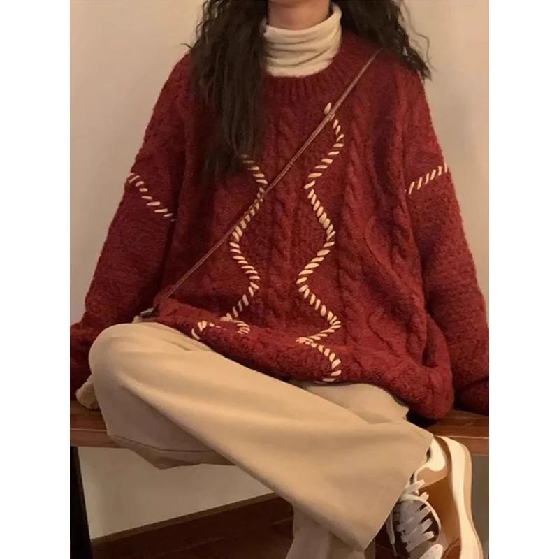 Women's Christmas Red Sweater Knitted Pullover Harajuku 90s Y2k Long Sleeves O-Neck Jumper Crop Tops Vintage 2000s Clothes 2024