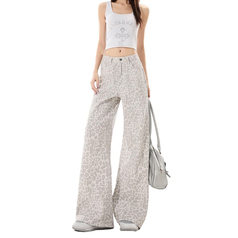 Leopard print design large size jeans women's summer new fashion loose and thin versatile straight wide-leg trousers