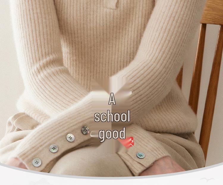 Women's Slim Fit High Neck Pure Cashmere Pullover Sweater with Gold Button Ribbed Design
