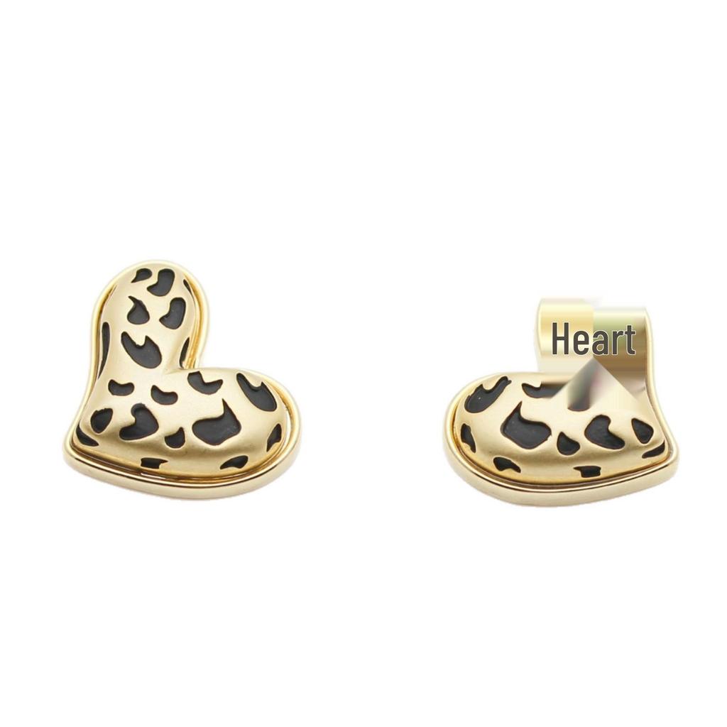 Silbernadel Wassertropfen Herz Ohrringe: Retro Hongkong-Stil, Leichter Luxus, Nieten mit Leopardenmuster