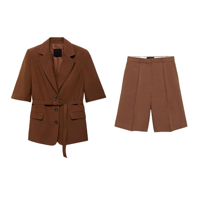 Lapel Half Sleeve Shoelace Suit Outwear 87057896 Mid Waist Pleated Straight Shorts 87067896