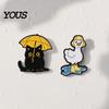 Weather-themed Brooch Enamel Brooch, Rainy Day Animal Pin, Black Cat Umbrella Duck Treading Water Rain Accessories Badge, Vivid Expressions