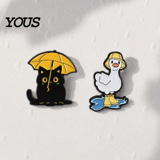 Weather-themed Brooch Enamel Brooch, Rainy Day Animal Pin, Black Cat Umbrella Duck Treading Water Rain Accessories Badge, Vivid Expressions
