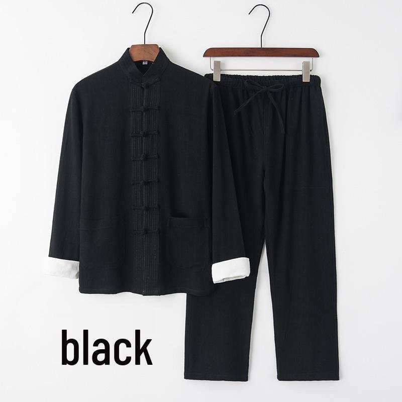 Men's Chinese Style Cotton Linen Tang Suit Jacket & Pants Set with Frog Buttons - Retro Zen Meditation Outfit
