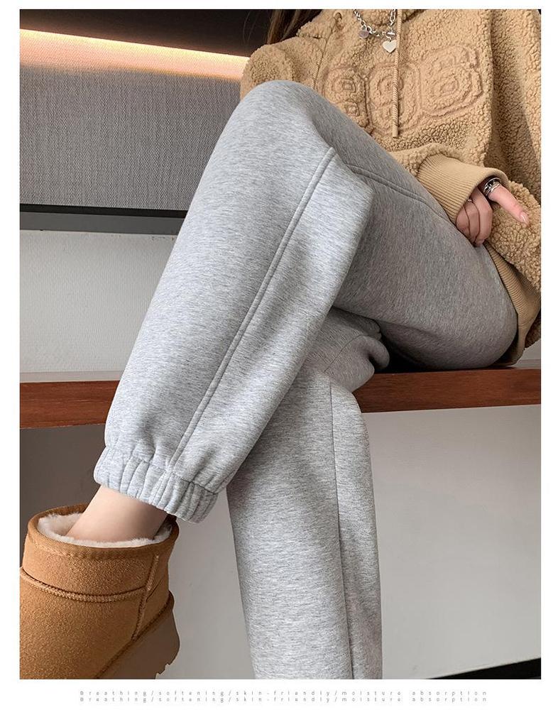 Women's High-Waist Fleece-Lined Cuffed Sweatpants - Thick Grey Joggers for Autumn/Winter 2024
